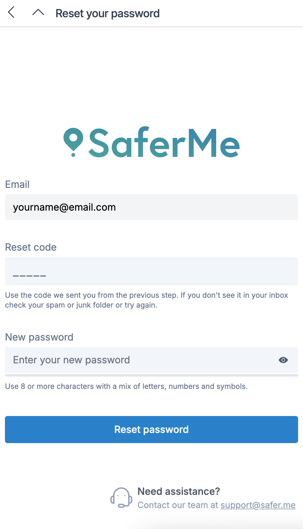 SaferMe Reset Password No Code Mobile