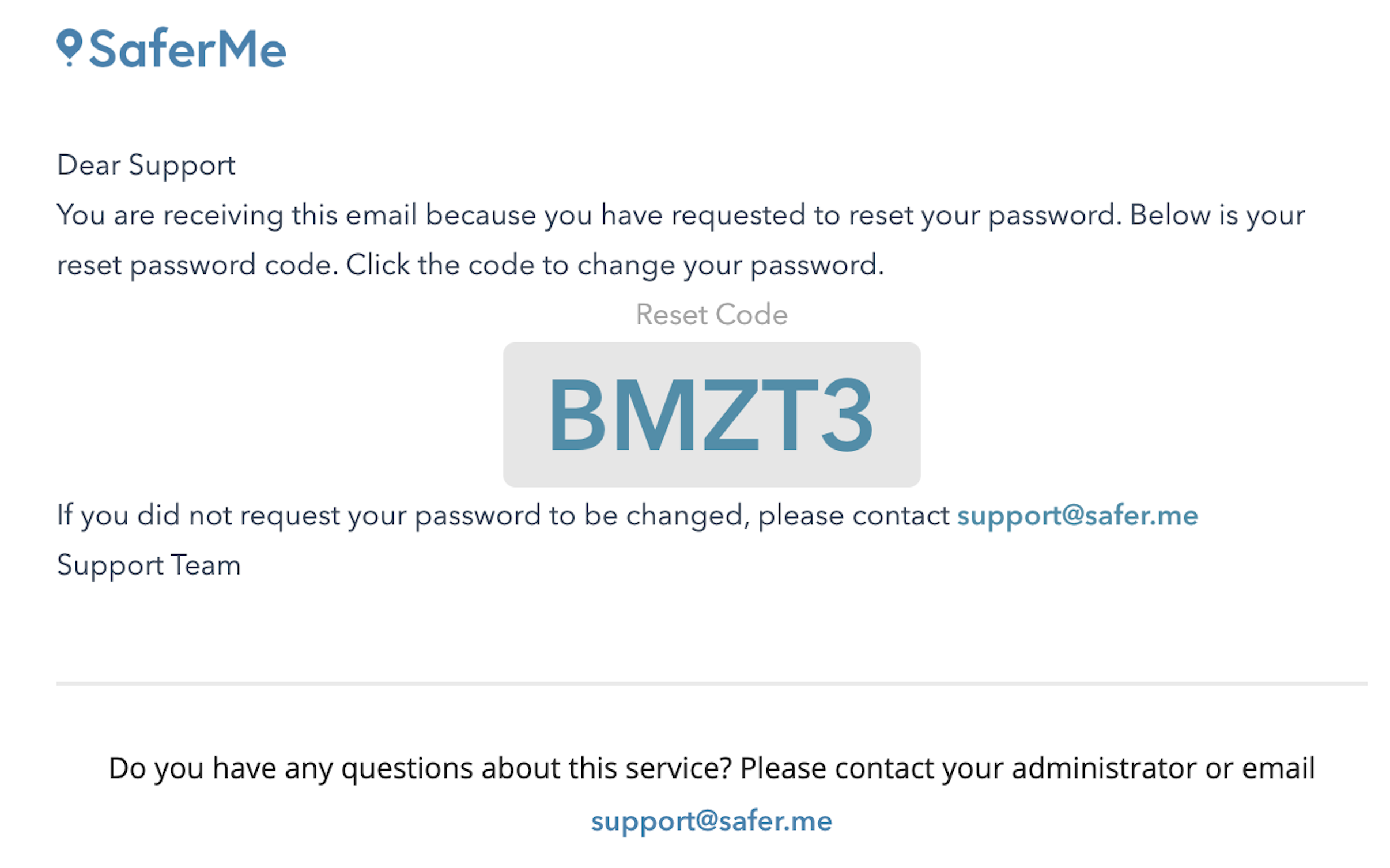 SaferMe Reset Password Code Email 