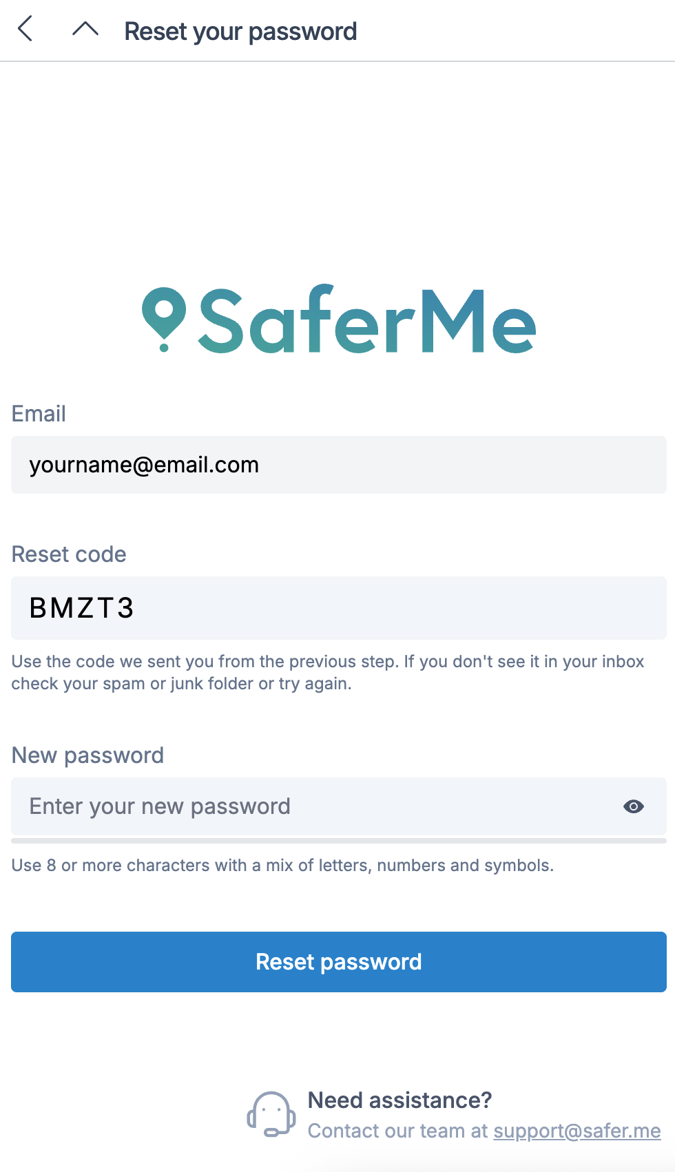 SaferMe Reset Password Code Mobile