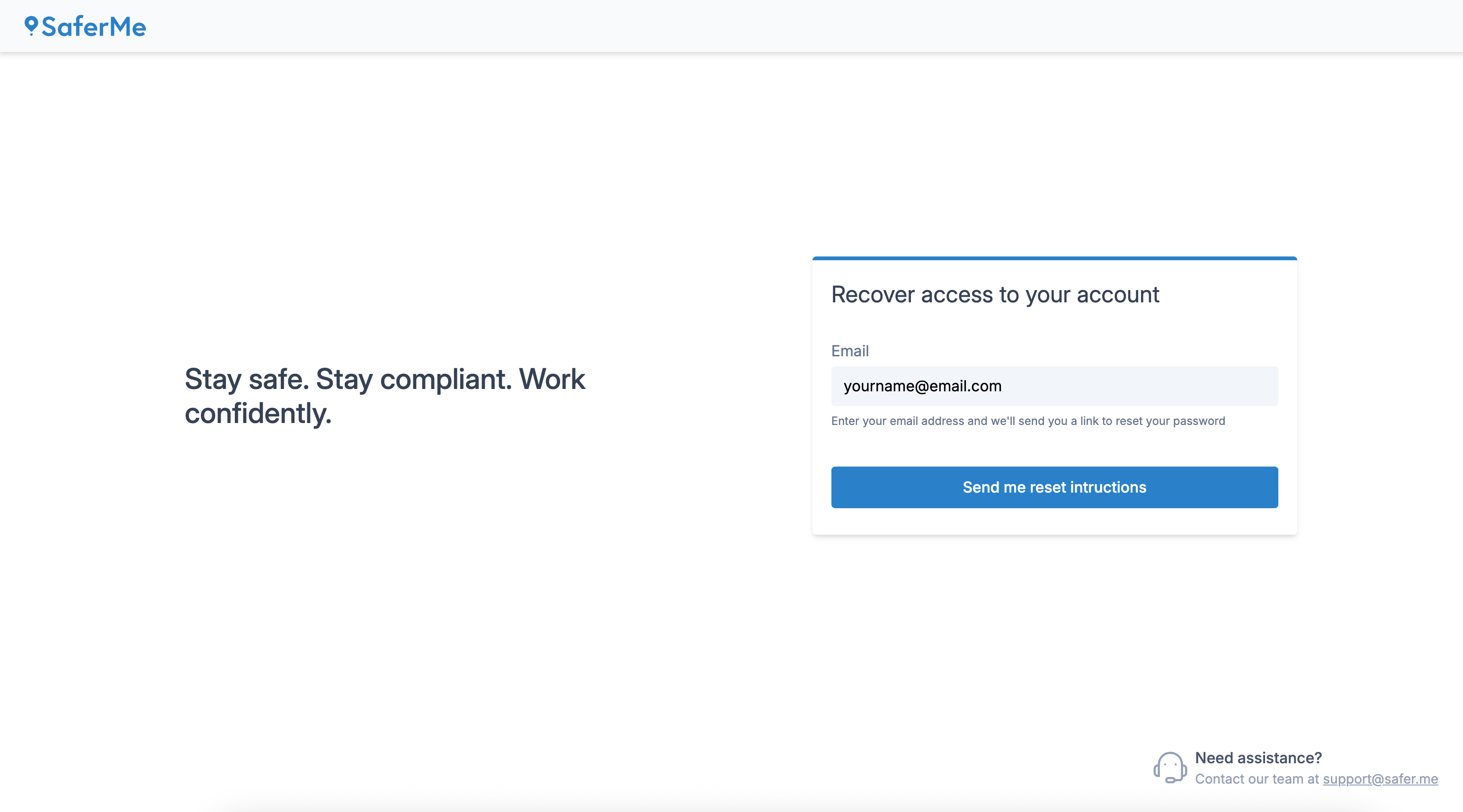 SaferMe Reset Password Send Instructions on Web