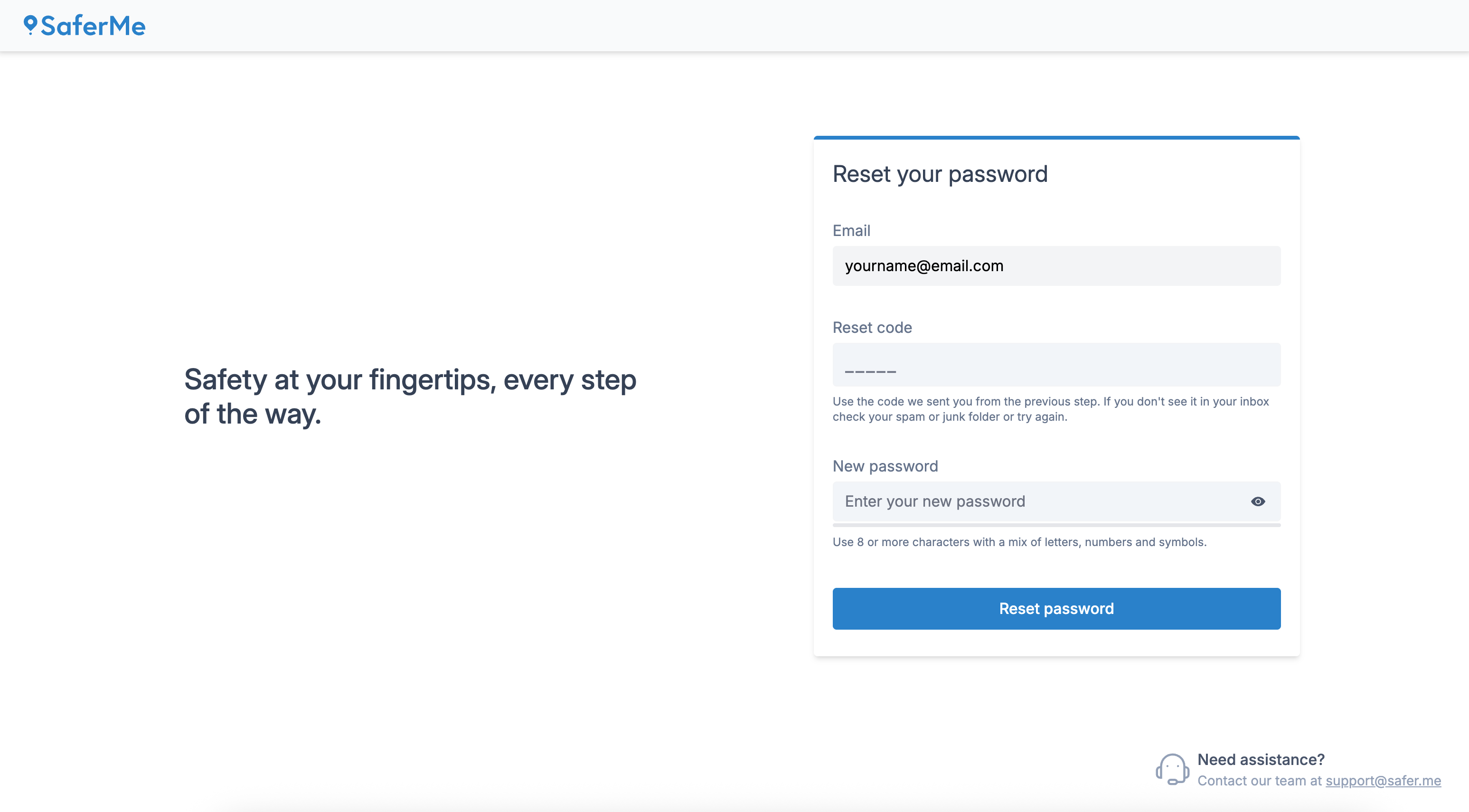SaferMe Reset Password No Code on Web