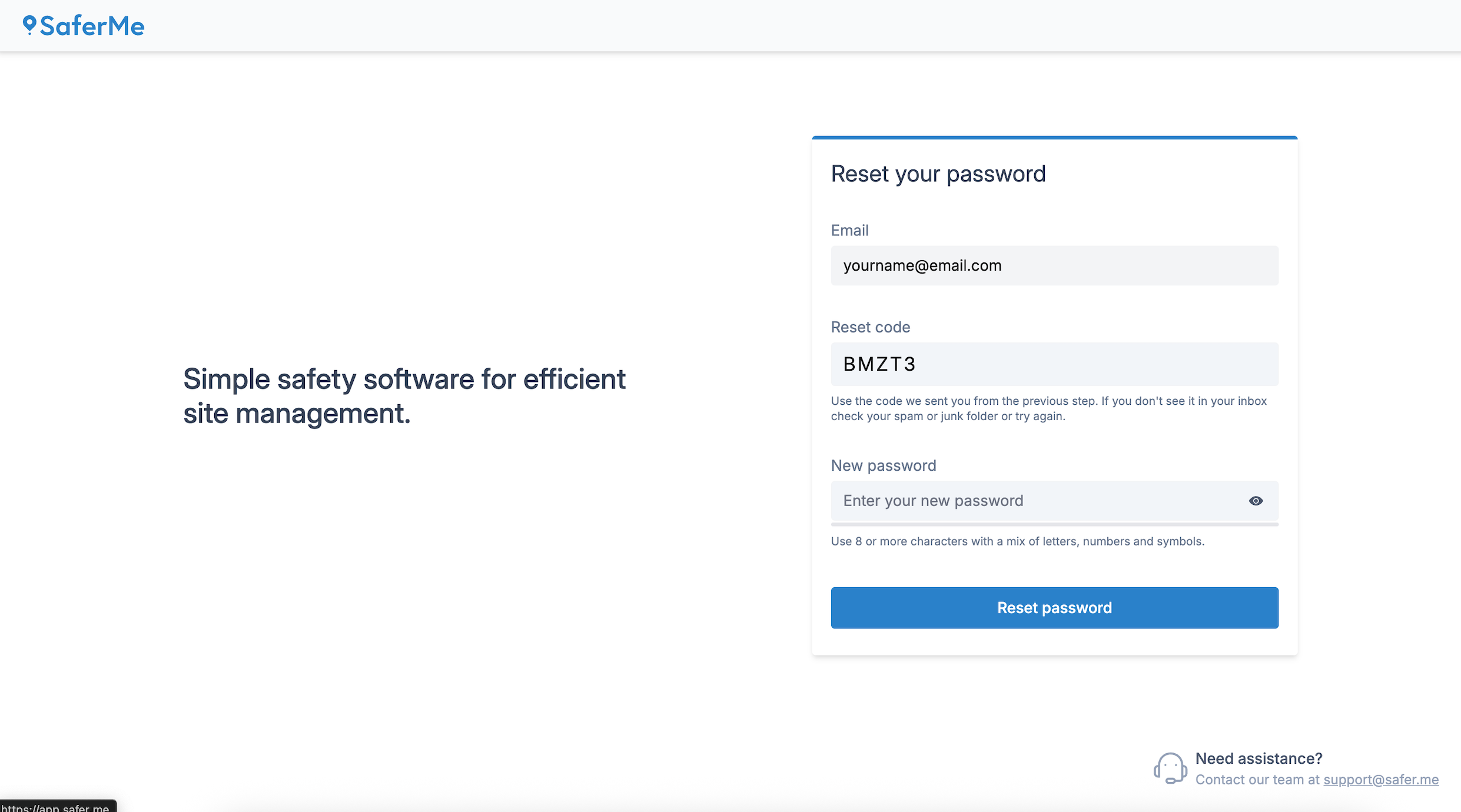 SaferMe Reset Password Code on Web App 