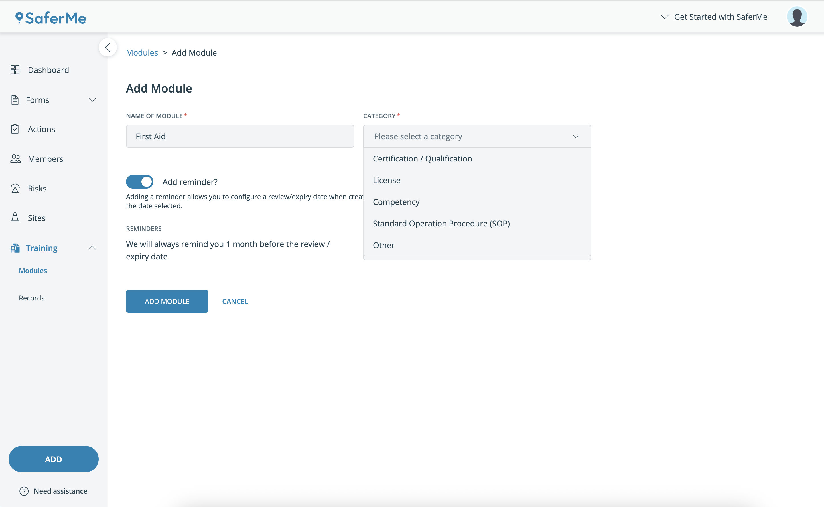 Training > Add Module Category
