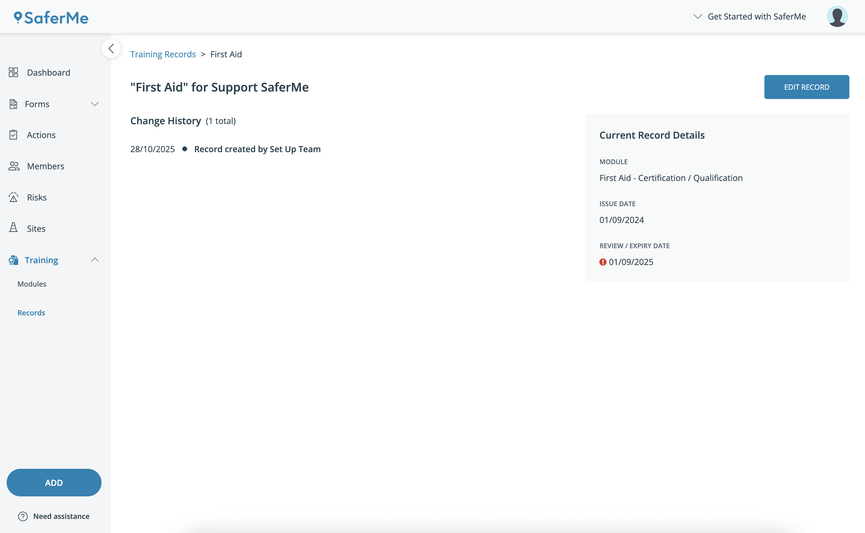 Training > Edit Record 