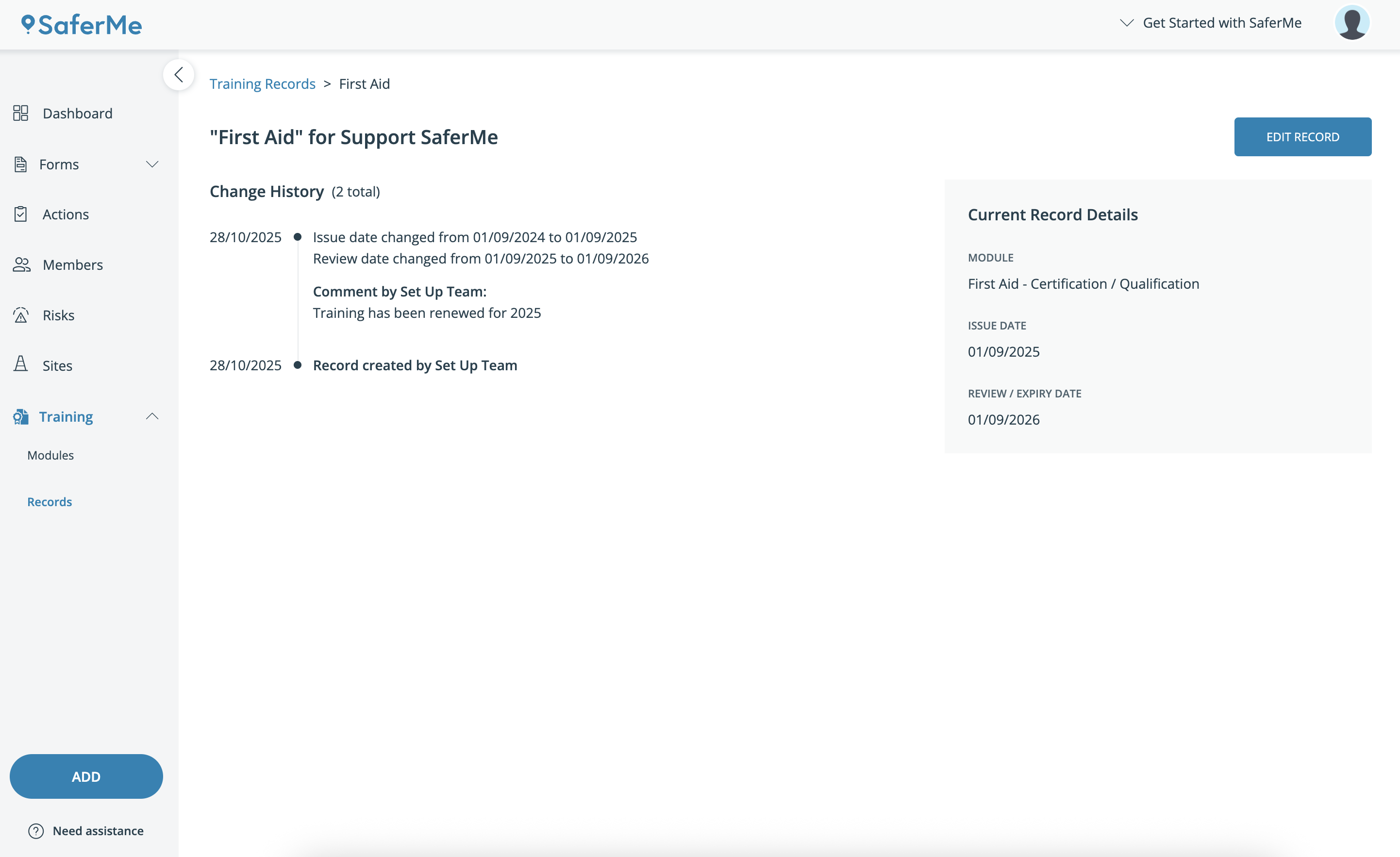 Training > Edit Record History 