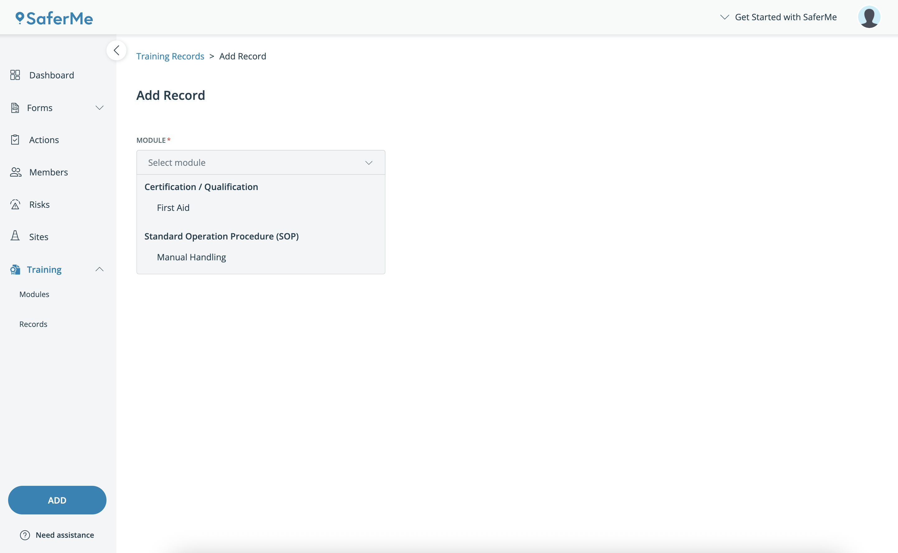 Training > Records > Select Module